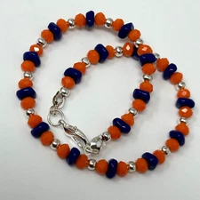 Handmade Beaded Anklet Ankle Bracelet Opaque Orange Blue Glass Beads Silver Tone