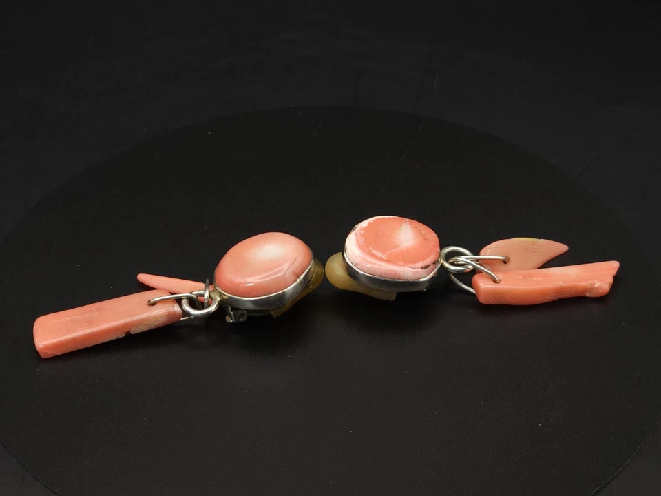 Vintage Signed Rebecca Collins Sterling Silver Clip Earrings Pink Coral Dangle - Image 3 of 4
