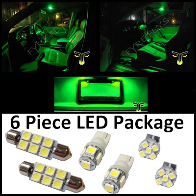 6 Green LED interior lights package T10 & 42mm map dome + license plate lamp G2G