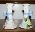 Set of 2 Fitz and Floyd White Basket Weave Spring Flowers Candle Holders — photo 3