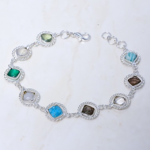 Bracelet Lien Argent 925 Et Or – Multi Pierres Précieuses Et Diamants – Taille 7,5 – Neuf Sans Boîte