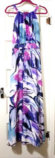 Vince Camuto COLORFUL SUPER Long Maxi Dress 14 Large Purple Teal Lined Neck Tie