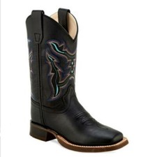 BSC1896 Old West Kid's Black Leather Square Toe Western Boot NEW