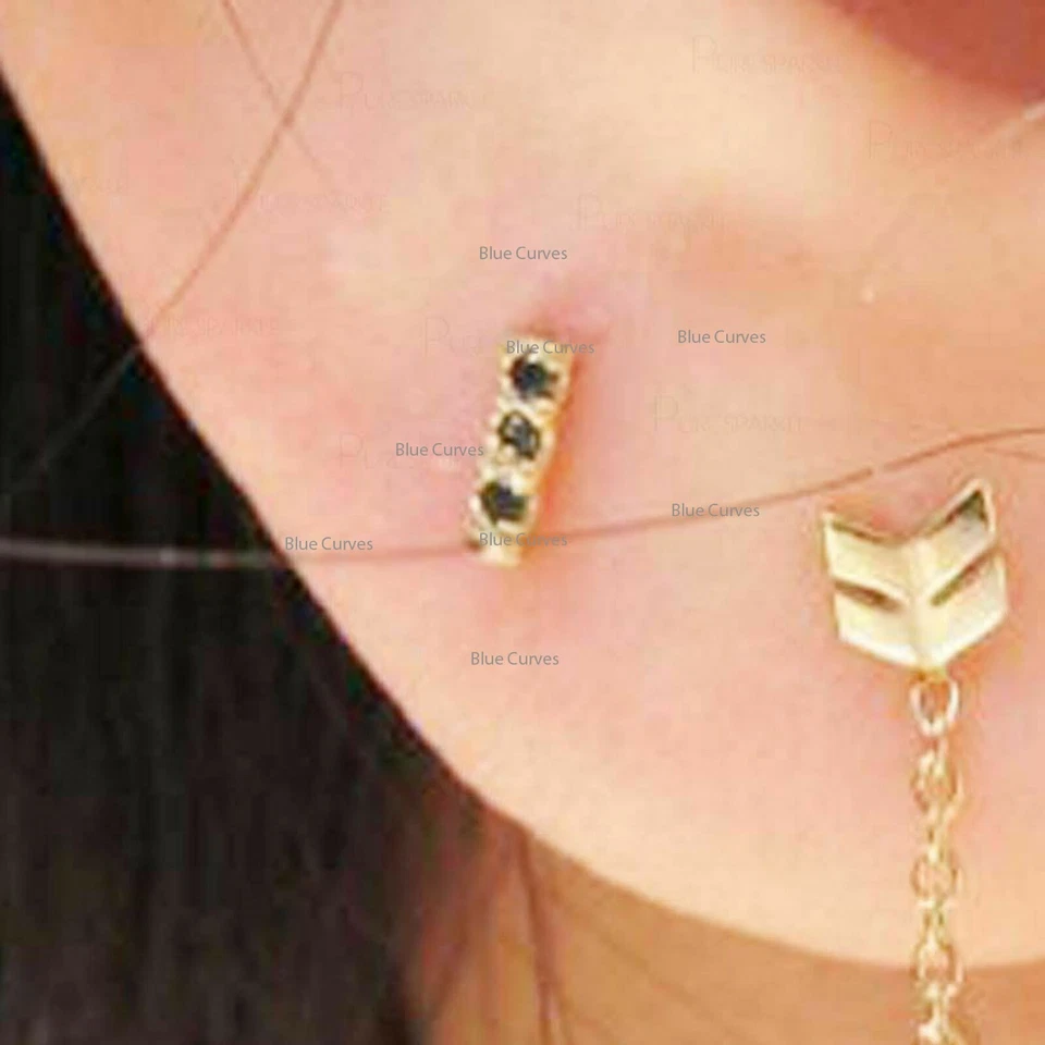 Barra de diamantes negros en oro blanco macizo de 14 k pequeños aretes finos regalo joyería Foto 4 de 4