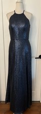 Women s Vtg Bari Jay Dark Blue Sequin Halter Neck Formal Gown Size 12