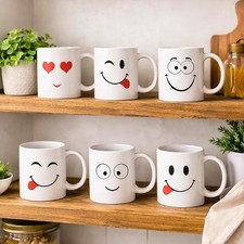 Set of 6 Funny Face Ceramic Coffee Mugs 11oz White Novelty Tea Cups with Handles