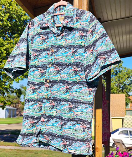 Vintage Kahala Avi Collection Hawaiian Shirt Large L Cotton Guitar Fish Print