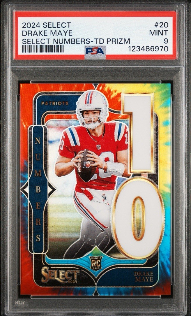 2024 PANINI SELECT DRAKE MAYE NUMBERS TIE-DYE PRIZM #20 RC /25 PATRIOTS RARE