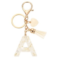Initial Letter Keychains, Resin Cute Pendant with Heart Tassel, White-A