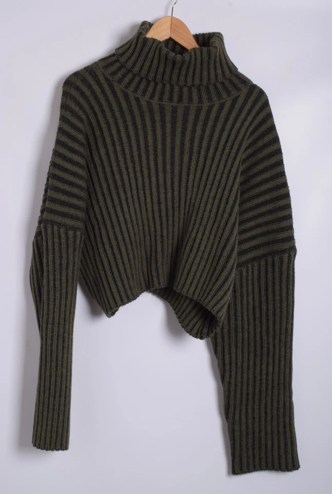 Balmain Women Green Sweater Wool Blend Striped Turtleneck Cropped Pullover Sz L - Image 4 of 4