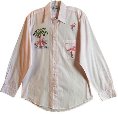 Las Olas Flamingo Embroidered Button Up Shirt Pink Stripe Tropical Beach S