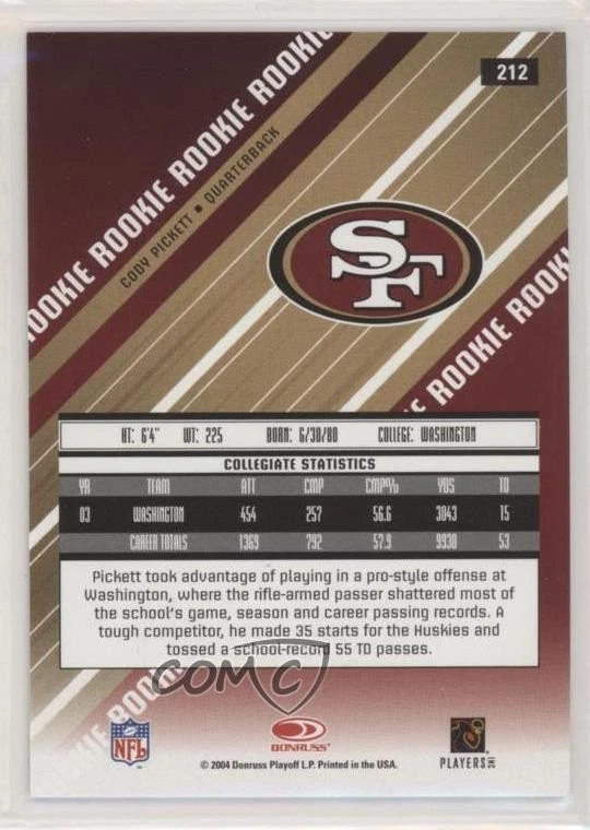 2004 Leaf Rookies & Stars Rookie Longevity Parallel /50 Cody Pickett Auto RC - Image 2 of 2