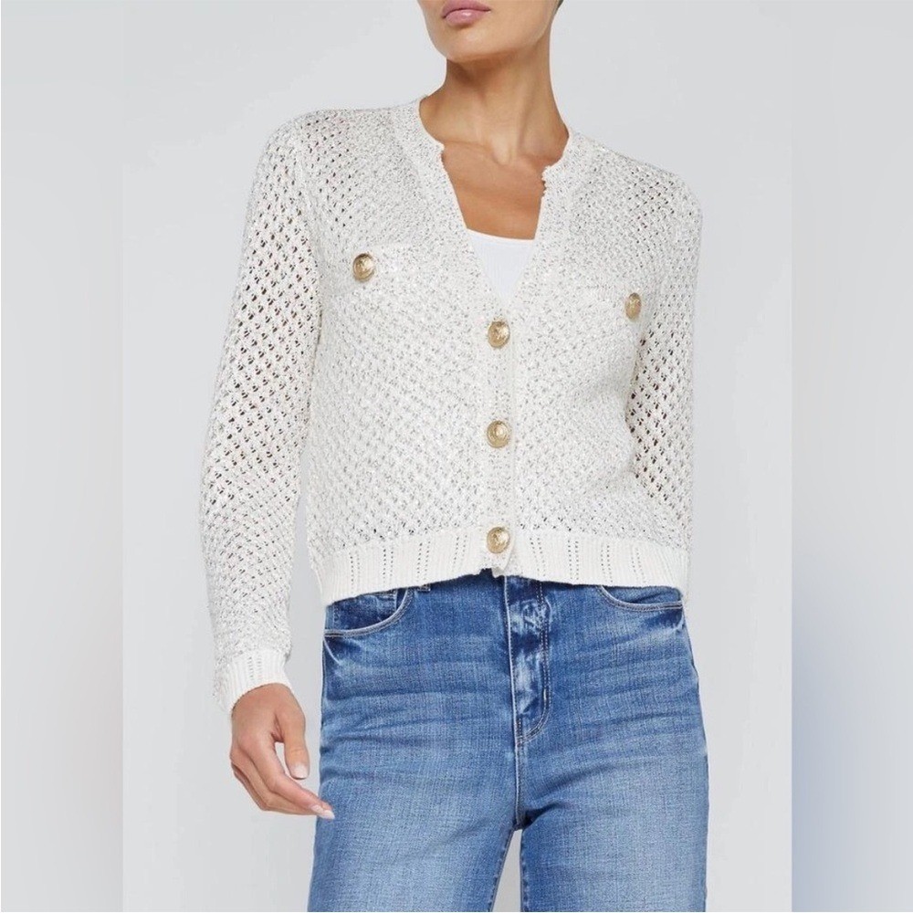 L'AGENCE Blanca Sequin Cardigan in Ivory/Gold Sz XXL