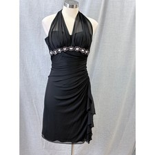 Cache Black Beaded Halter Cocktail Dress Ruched Ruffle Size 4