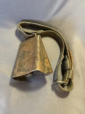 LARGE Antique Country Primitive Cow Bell w/ Leather Collar