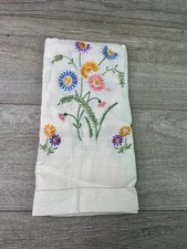 Vintage Hand Embroidered Floral Linen Table Runner Dresser Scarf Wildflowers
