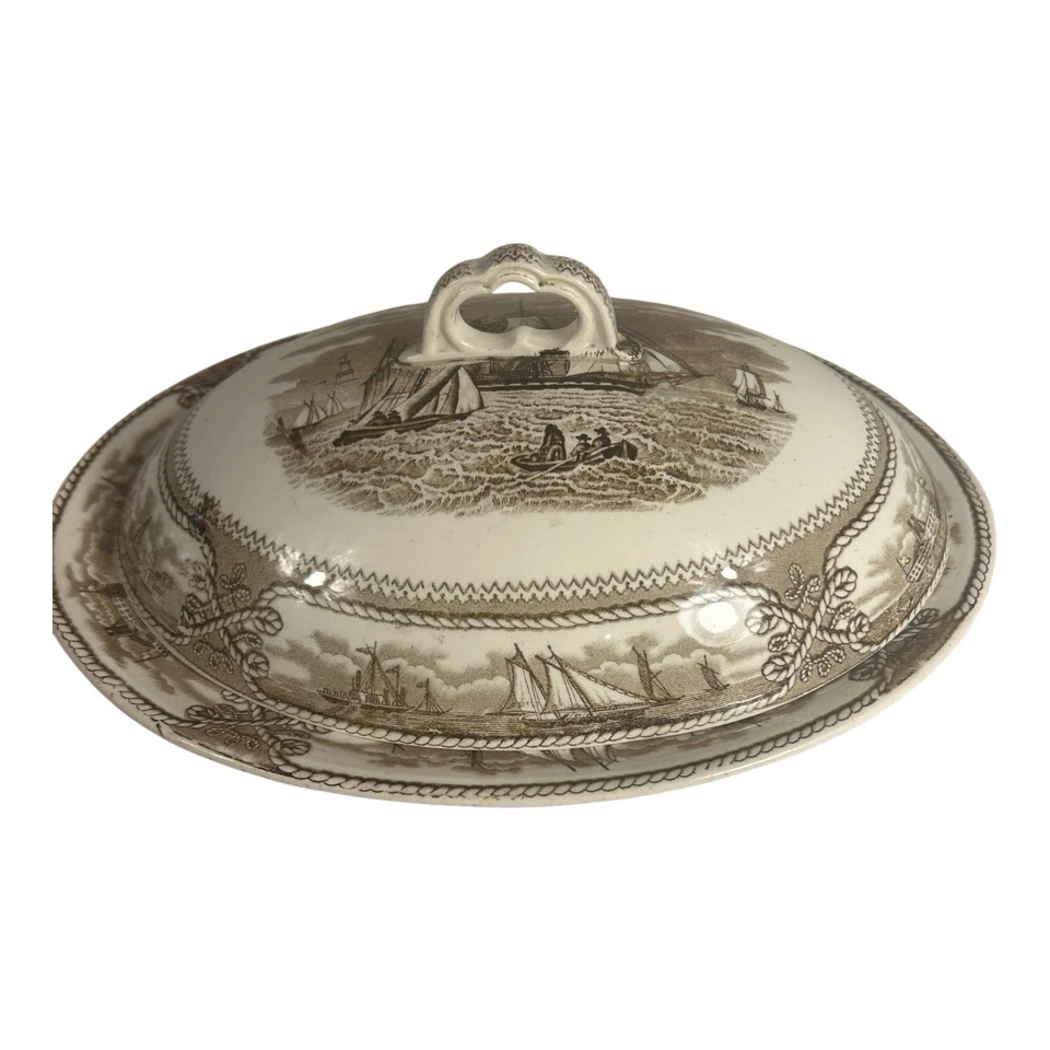 Antiguo cuenco para servir cubierto náutico Ashworth Transferware Foto 3 de 4