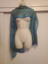 Womens Pure Silk Scarf Light Semi Sheer Blue Purple Shawl Cover Paisley 70"x20"