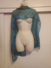 Womens Pure Silk Scarf Light Semi Sheer Blue Purple Shawl Cover Paisley 70"x20"