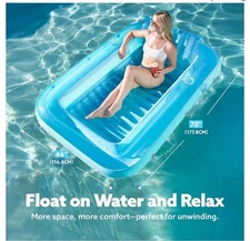 Inflatable Tanning Pool Lounger Float, 70" x 46" with Pillow, Suntan Tub Raft