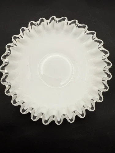 White Milk Glass Small Dish With Clear Ruffled Edge