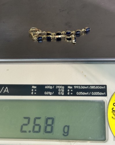 14k Solid Yellow Gold Lever Back Dangle Earrings, Natural Sapphire. 2.68 Grams - Picture 5 of 5