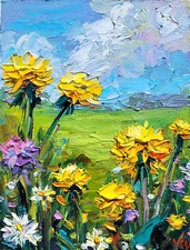 Dandelion Painting Flower Original Art Impasto Painting 6x8 Daisy Wall Art