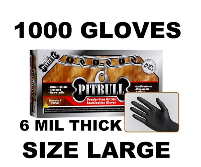 PITBULL Black Nitrile Gloves, 6 mil, Powder Free, Case of 1000 Size L LARGE