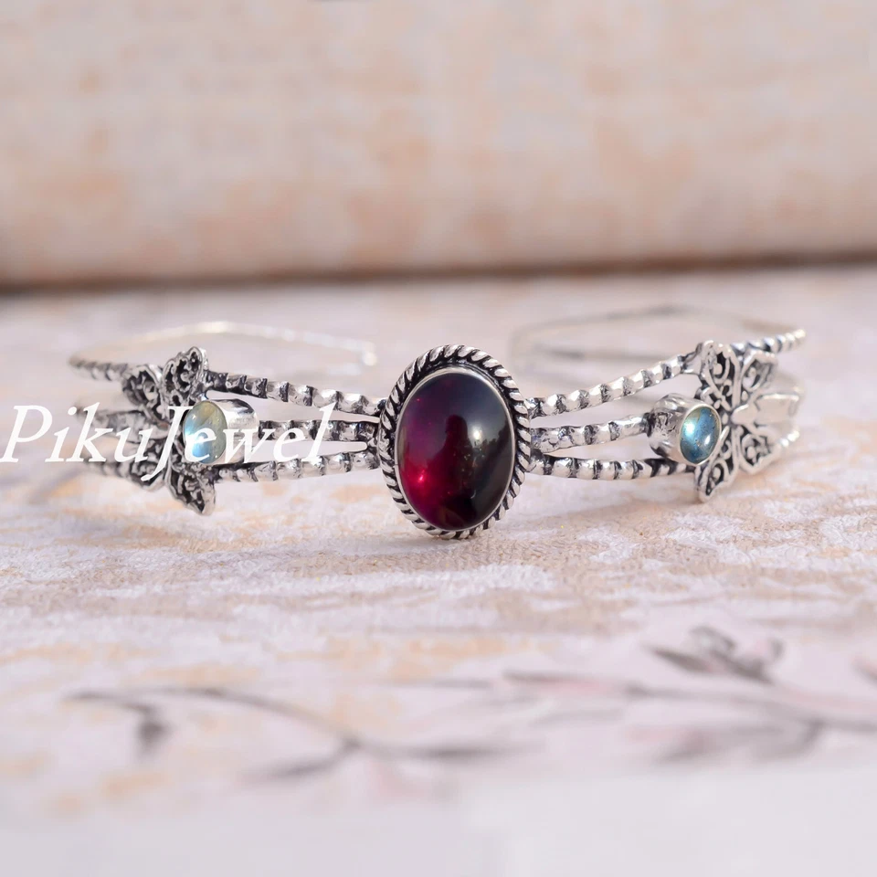 Großes Granat & Labradorit Edelstein 925 Sterling Silber Armband für Liebe Ge... - Bild 2 von 4