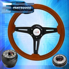 Light Wood Black Center Steering Wheel + Slim Quick Release For 88-91 Civic