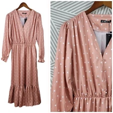 New Sheilay Size Small Shirt Dress Spring Peasant Polkadot Long Maxi Pink Light