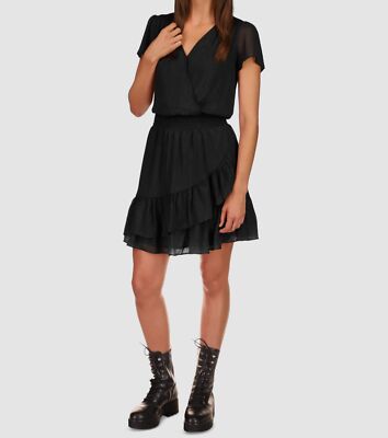 $165 Michael Kors Women's Black Crinkle Short Sleeve Wrap Dress Size US Small