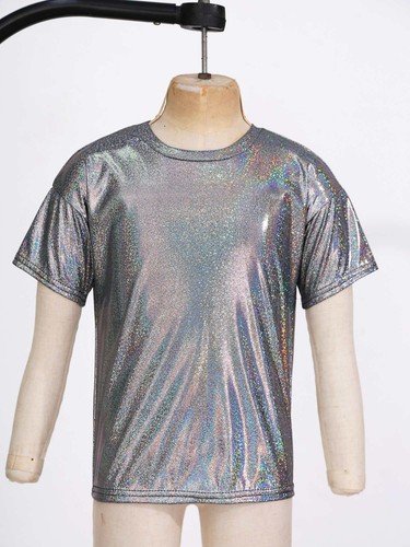 Kids Girls Boys Metallic Shiny T-shirt Sparkly Jazz Dance Loose Tops Costumes - Picture 4 of 25