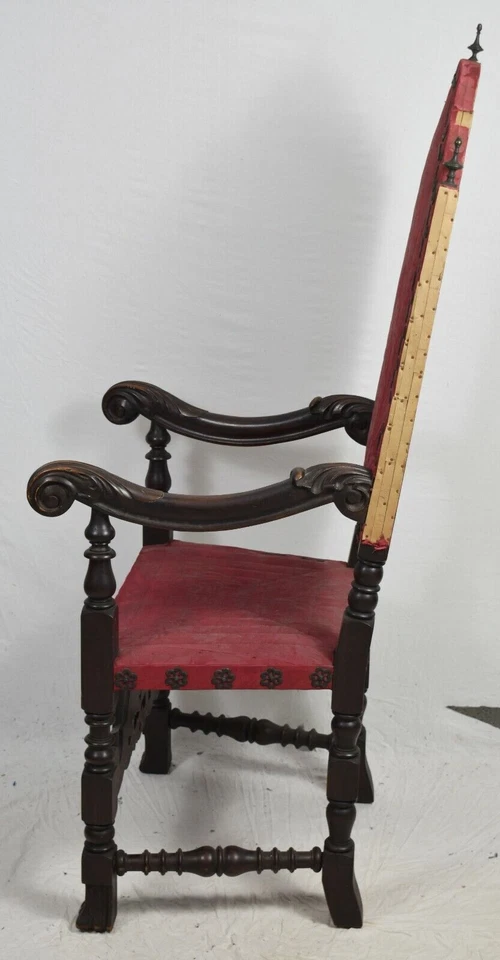 Antigua silla William & Mary caoba con pies españoles tallas ornamentadas damasco Foto 4 de 4