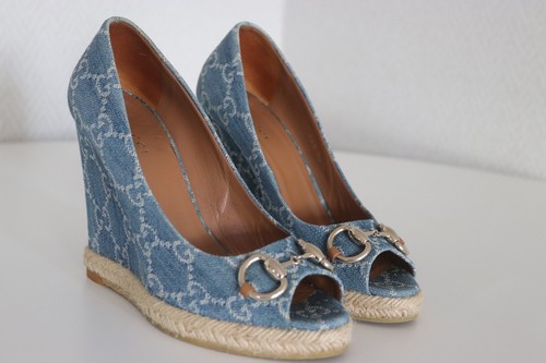GUCCI Denim Monogram Horsebit Wedge Platform Espadrille Peep Toe Sandals  size 36 | eBay