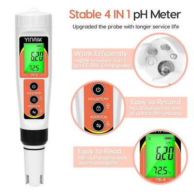 YINMIK PH Meter, Digital 4 in 1 EC TDS Temp Meter for 4 1 pH