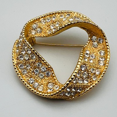 Vintage Gold Tone Brooch Twisted Open Ribbon Loop Pin with Clear Rhinestones