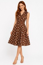Jessica Howard Dress Size 8 Brown White Polka Dot Sleeveless Belted Midi Retro