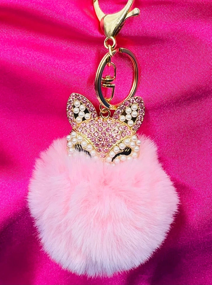 Llavero Pom Pom Cabeza de Zorro Rosa Imitación Perla Estrás Moda Lindo Animales de Dibujos Animados Foto 2 de 3