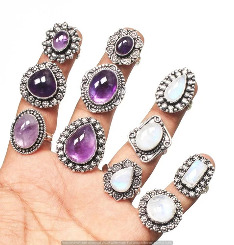 BULK !! Amethyst & Moonstone Gemstone Wholesale Lots 925 Silver Plated Rings