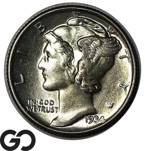1934 Mercury Dime Full Split Bands, Gem BU++ FSB