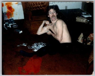 Vtg Color Snapshot Shirtless Man Flexing Bicep Mustache Goofy Pose Room 1980s