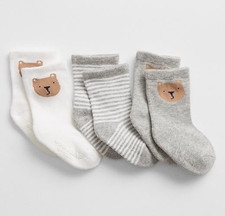 Baby Gap Ankle Socks Baby 6-12 Months Gray Bear Stripe 3 Pack Cushioned Sole New