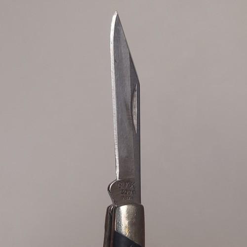 Buck knives 309 Companion slipjoint pocket knife with silver bolsters, black handle, and engraved oval case on gray background.