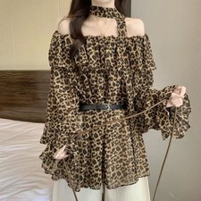 LeopardPrint Off-Shoulder LongSleeve ChiffonBlouse Women LooseRuffles Shirt Tops