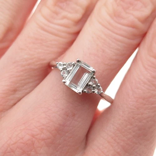 925 Sterling Silver Vintage Real Aquamarine & White Topaz Ring Size 8.75