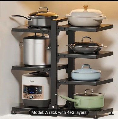 A robust pot rack with adjustable features and 7 layers, designed for storing...