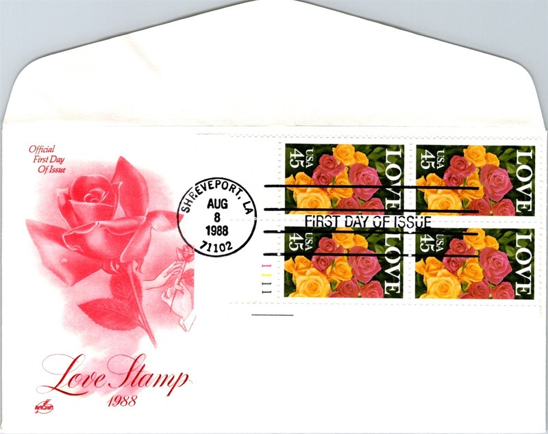 S09-6251, LOVE STAMP 1988, ROSES, PLATE NUMBER BLOCK, ARTCRAFT FDC