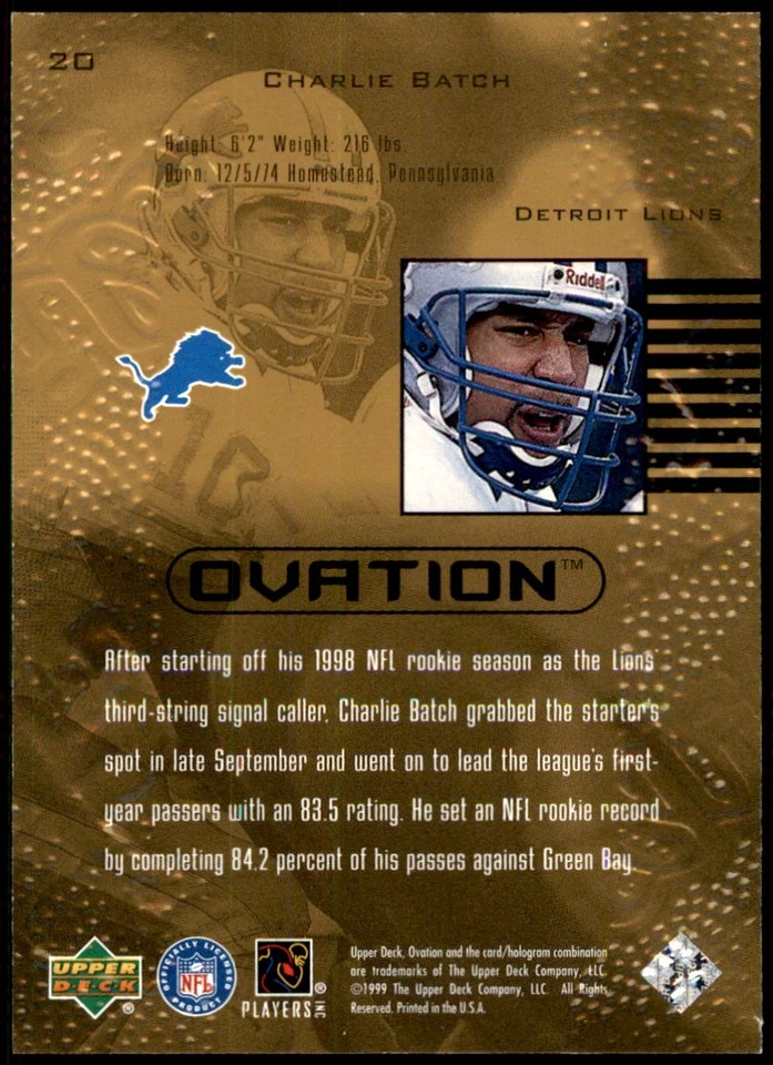 Charlie Batch 1999 Upper Deck Ovation #20 Lions NFL READ FREE SHIP AutographDen - Image 2 of 2
