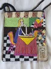 Seed Bead Purse Victorian Art Deco Lady Flowers Tea Black Green White Crossbody